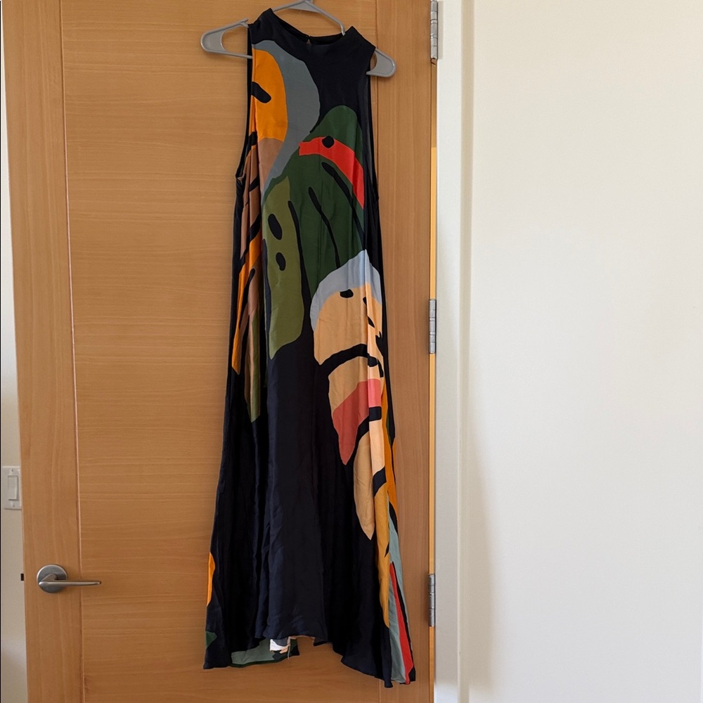 Farm Rio for Anthro Black Sleeveless Maxi Dress with Multicolor Abstract Print